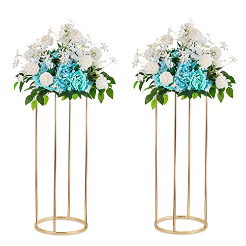 Jarrones Grandes Centro Mesa Boda - Inweder 2 Piezas Soporte de Flores Redondo Jarrones Oro 80cm Altura Soporte Planta con Panel de Metal Cilindros para Decoracion de Fiestas Sala de Estar del Hogar Cover