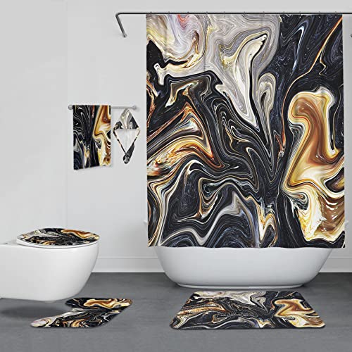 6 Pcs Shower Curtain Set 6 Pcs Bathroom Set Marbling Shower Curtain Set Waterproof Shower Curtain 6 Pcs Set With Carpet, Hair Towel, Large Towel Waterproof Bathroom Accessories (Marbling C , 72×72 In) #TOP2