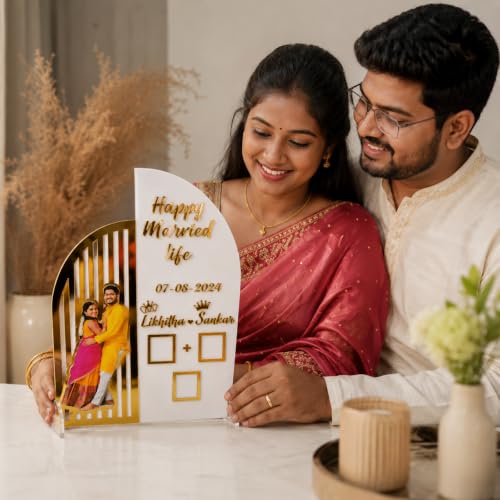 Image of Couple Thumb Gift with Photo (27.90 Cm X 20.30 Cm)| Wedding Thumb Print | Finger Print Gift| Personalized Text | Golden Metal Design (Photo Model)