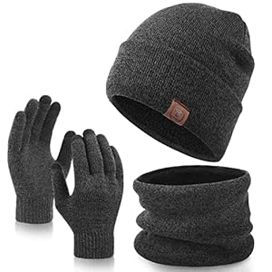3-Pieces Beanie Hat Scarf Gloves Set – Winter Knitted Set Touchscreen Gloves Slouchy Hat Neck Warmer Keep Warm
