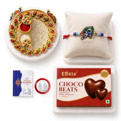 Image of DeoDap Rakhi with Chocolate & Pooja Thali for Bhai - Feather Design Rakhi with Chocolate, Silver Color Coin, Greeting Card, Pooja Thali & Tilak Set - Raksha Bandhan Pack (K1 1957 CB32 AA19)