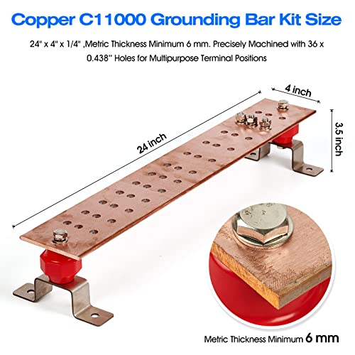 Ground Bar Kit 24" X 4" X 1/4" Heavy-Duty Copper Bus Bar,With 36 X 0.438’’ Holes And 2’’X2” Standoff Insulators Made From Ul Recognized Material,2500V #TOP2