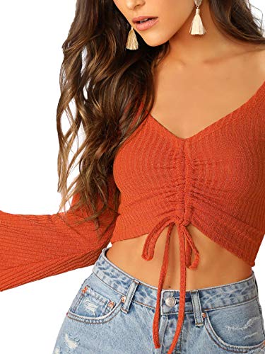 Image of SweatyRocks Women's Adjustable Drawstring String Long Bell Sleeve Rib Knit Sexy Crop Top