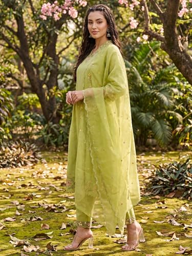 Image of INDO ERA Women's Silk Blend Floral Embroidered Thread Work Kurta & Pant with Dupatta Set