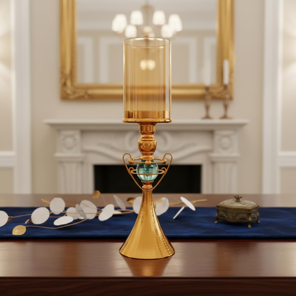 ELARE Decorative Candle Holder, Gold and Turquoise Metal with Glass Hurricane, 32cm Height x 14cm Width, Tabletop Candelabra