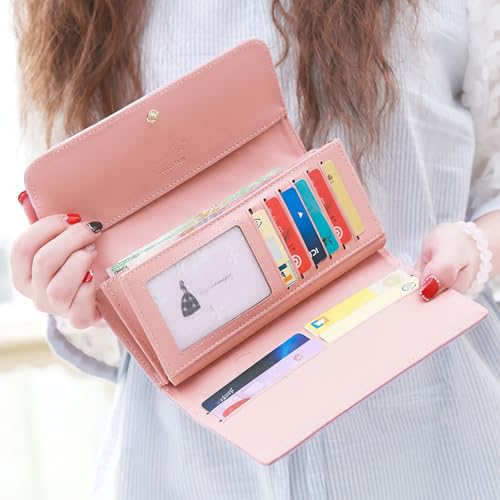 Women's Long Tri-fold Wallet Leather Card Holder Purse Zipper Buckle Elegant Clutch Wallet Handbag for Women Pink4