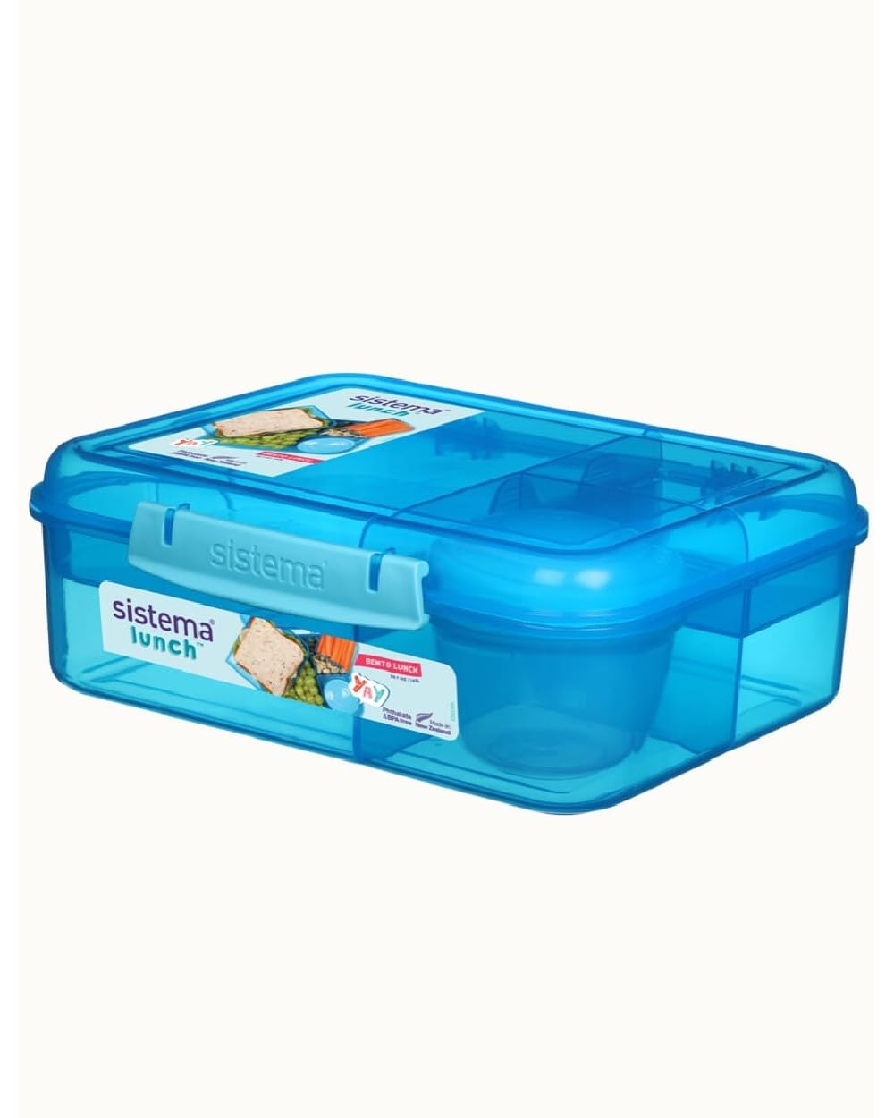 Sistema 1.65 Liter Bento Stackable Lunch Box, Blue, Easy locking clips with multiple compartments & Pot, is Microwave & dishwasher safe and BPA Free.