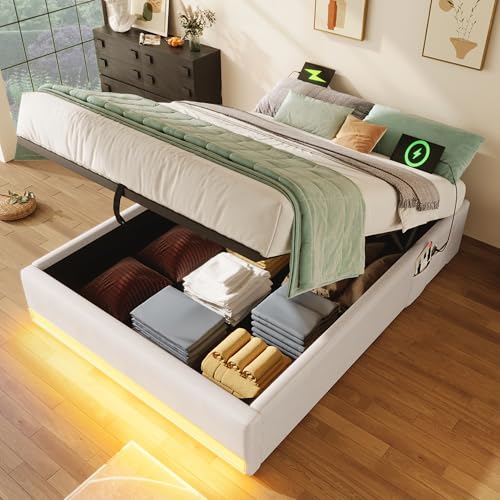Luxeza Cama tapizada, tira LED remota, con USB y tipo C, con pequeños bolsillos de almacenamiento, sin diseño de cabecera, función de almacenamiento hidráulico, sin colchón (beige, 90 x 200 cm)