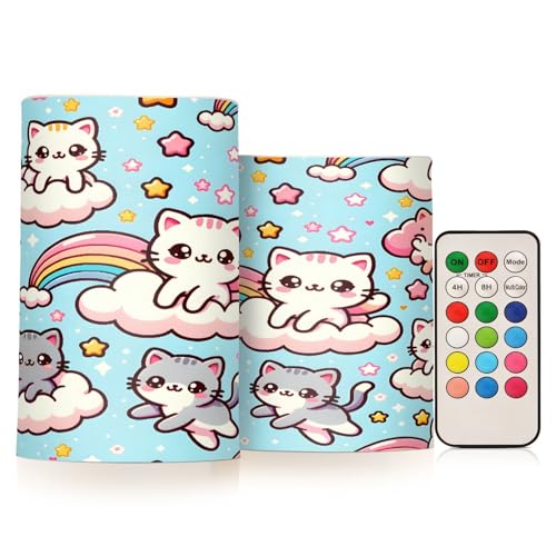 ALAZA Seamless Pattern Kawaii Cute Cats in The Sky Flickering Flameless Candles Battery Operated with Remote Timer,Tea Light Candles LED Pillar Votive Candles Set of 2 for Outdoor Indoor Decorations