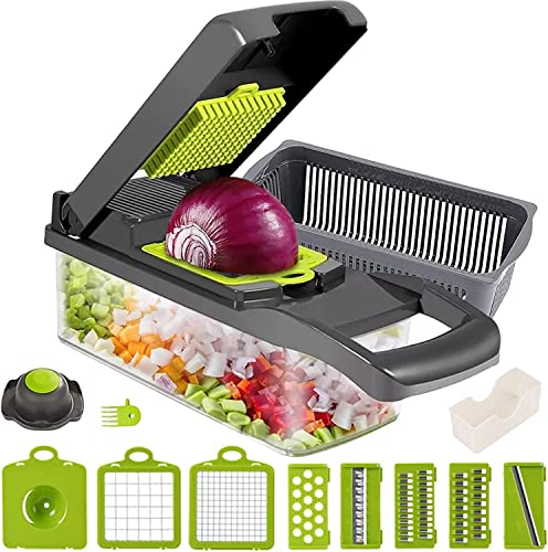 Multifuncional Cortador de Verdura,15 en 1 Mandolina de Cocina Profesional - Manual Picador de Verduras Patatas Cebolla,Corta-dor de Pepino,Espiralizador,Rallador Cebolla,Cuchillas de Acero Inoxidable