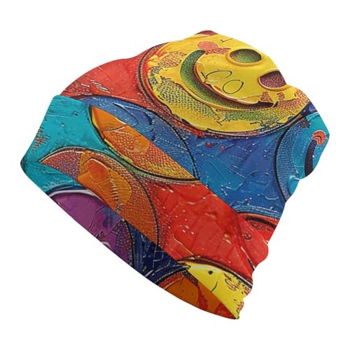 Image of maccbn Slouchy Beanie Hat Soft Warm Knitted Skull Cap Cuffed Colorful Smiley Face Thermal Hat for Cold Weather
