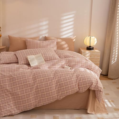 Image of EAVD Pink Gingham Duvet Cover Full Soft Washed Cotton Reversible Grid Plaid Bedding Set with 2 Pillowcases Modern Checkered Grid Duvet Cover with Zipper Farmhouse Gingham Bedding Set for All-Season