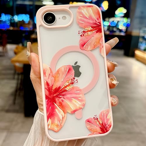 Coque iPhone 16e MagSafe motif hibiscus rose translucide antichoc