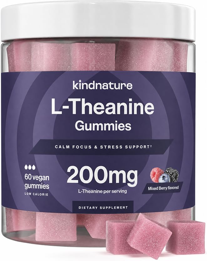 kindnature L-Theanine 200mg Gummies for Kids 4+ & Adults Pure Single-Ingredient Calm & Focus Chewables Clinical Dose Non-Drowsy Relaxation Vegan Mixed Berry Non-GMO 60 Ct