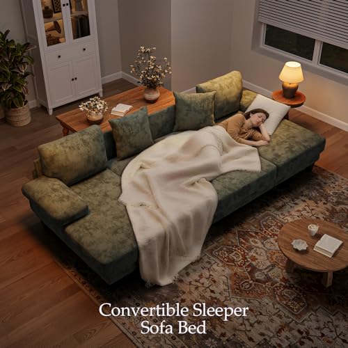 Image of Txtin's Sleeper Sofa with Pull Out Couch Bed | 112 Inch Couches for Living Room | U-Shaped Convertible Sofa Bed | Chenille Green