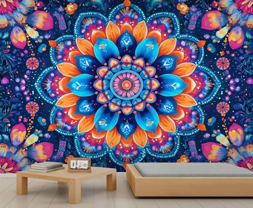Datura - Papel pintado de flores, mural de pared azul étnico, papel tapiz de arte bohemio para sala de estar, dormitorio, estudio, decoración de fondo de TV, 366 x 254 cm
