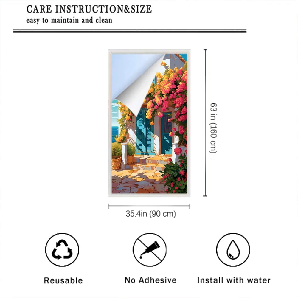 Modern House Window Privacy Film Summer View Colorful Flowers Stained Glass Window Film Sun Blocking Heat Control Decorative Window Covering Film for Home Office 35.4Wx63L inch