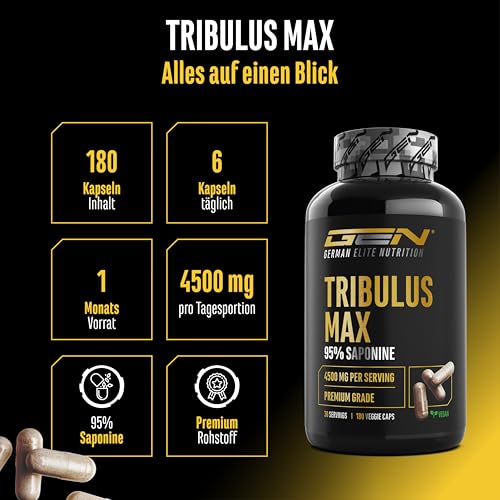 Tribulus Max - 180 Kapseln - Hochdosiert mit 4500 mg pro Tagesdosis - 95% Saponine - Reines Tribulus Terrestris Extrakt 10:1 - Ohne unnötige Zusätze, vegan