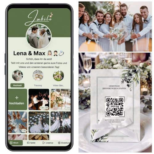 Jubilo Hochzeitsfotos QR Code mit 25x Tischkarten | Hochzeitsbilder sammeln mit Gästen | Hochzeitsspiele und Fotoaufgaben | Digitale Fotobox mit Fotospielen für unvergessliche Erinnerungen