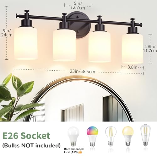 Image of 4-Light Bathroom Vanity Light, Black Vanity Lights for Bathroom, Modern Wall Sconce with White Glass Shades, Anti-Rust Vanity Light Fixture over Mirror, 23 Inch (Bulbs Not Included, E26 Base)