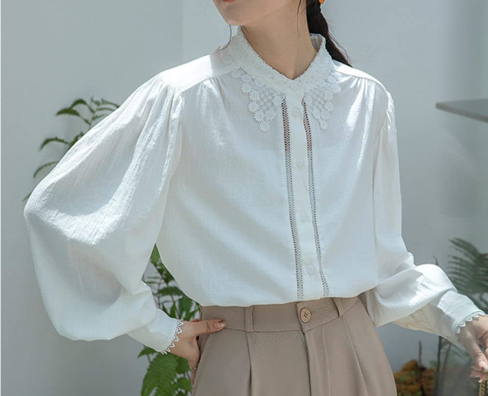 MIDJ Damenhemden,Elegante Damen Spitze Tops Shirt Weiß Satin Tunika Shirt Puff Langarm Chiffon Bluse Shirt Sommerjacke Casual Office Business Bluse Für Mädchen Damen