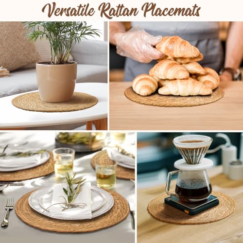Image of 13 in Round Woven Boho Placemats Set of 8, Wicker Rattan Place Mats Chargers for Dinner Plates, Farmhouse Rustic Table Mats for Dining Table Decor