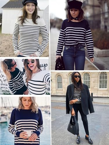 Image of Spicy Sandia Women's Long Sleeve Crewneck Sweaters Dressy Casual | Striped or Solid Available, Classic, Business Casual Tops for Office Work