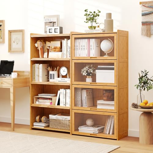 TANGKULA 本棚 ラック 大容量 スリム 竹製 ショーケース 4段棚 幅69x奥行34x高さ140㎝ 収納ケース 転倒防止 コレクション ディスプレイ フラップ式 透明アクリル扉 組立簡単 おしゃれ キッチン リビング 玄関 (原木色)