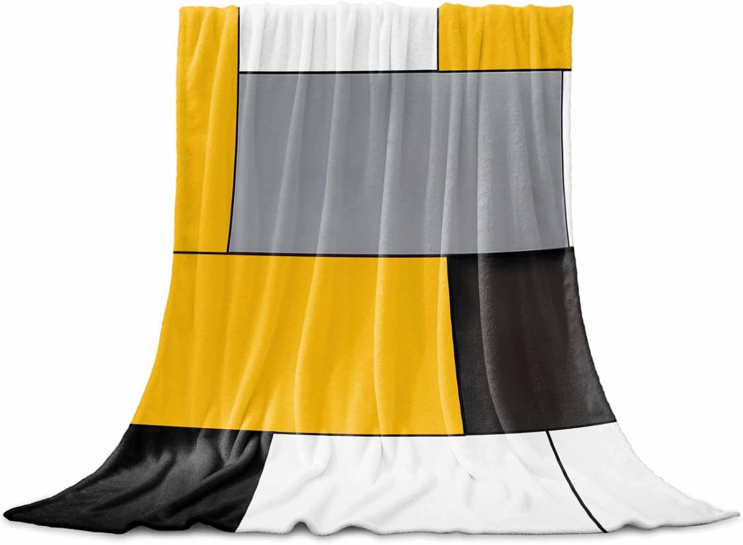 Flannel Throw Blanket Abstract Geometric Patchwork Art,Lightweight Soft Warm Fleece Blankets for Sofa Couch Bedroom,Yellow Black White Grey Cozy Fuzzy Microfiber Throws for All Seasons 40x60in