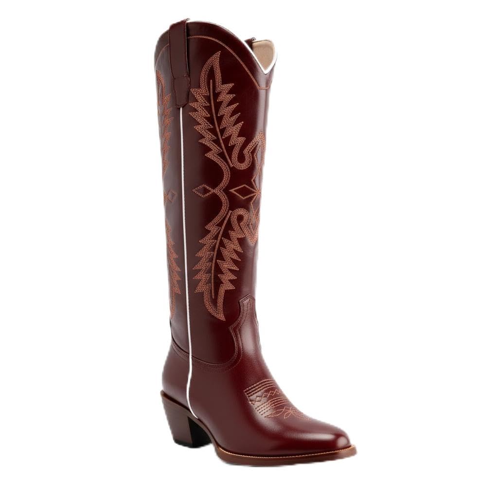 heelchic Womens Western Style Embroidered Leather Knee-High Boots with 5cm Block Heel and Zipper Closure - Stylish and