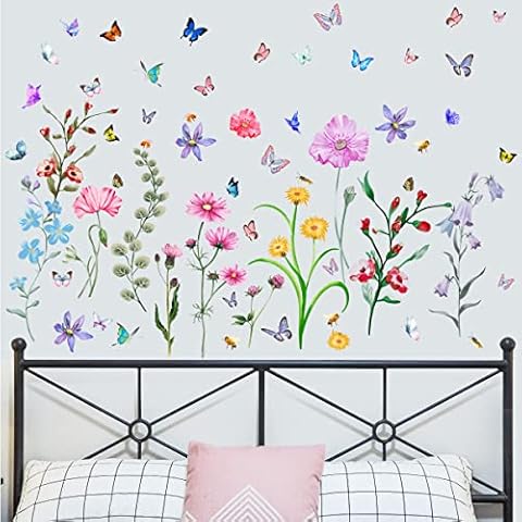 BuerHomie Wall Sticker Bedroom Living Room Colourful Flowers Butterflies Wall Decoration for Living Room Bedroom Kitchen Bathroom Cover