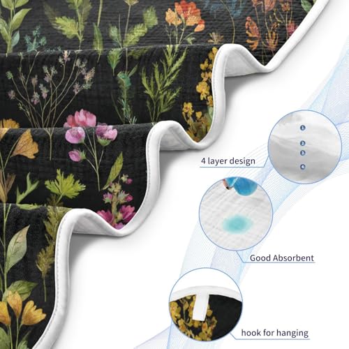 Image of Pigsaly Watercolor Wild Flowers Hooded Baby Towel Meadow Herbs Leaves Baby Bath Towel Unisex Soft Organic Cotton Washcloths Toddlers Shower Gifts for Boys Girls Newborn 30 x 30 in