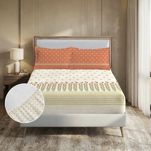 Image of MYTRIDENT Soft Comfort Bedsheet for Double Bed King Size | 182 cm x 198 cm + 30 cm | 200 TC, Sateen Weave, 100% Cotton, Elastic fittedsheet with 2 Pillow Covers and Breathable - Art Age