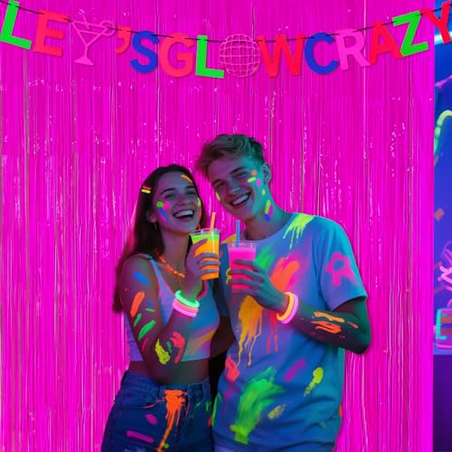 Image of 3 Pack Glow in The Dark Party Supplies, Neon Party Decorations Fluorescent Tinsel Curtains with Let's Glow Crazy Banner, Macaron Fuchsia Photo Booth Backdrop, Neon Glow Birthday Halloween Party Decor