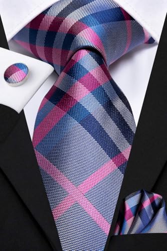 Image of Hi-Tie Father and Son Tie Set Striped Plaid Ties for Men and Boys Silk Necktie Pocket Square Set for Wedding Gifts