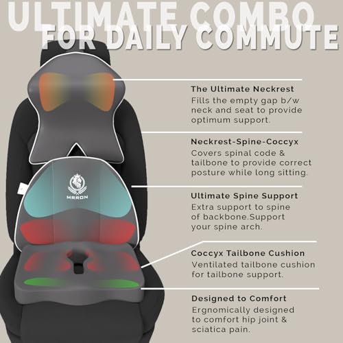 Image of MRRON Memory Foam Posture Corrector Car Seat Cushions Combo | Orthopedic Backrest, Coccyx Cushion & Neckrest | Ergonomic Lumbar Comfort Seat Cushion | Reduces Sciatica (Grey, Spine Support)