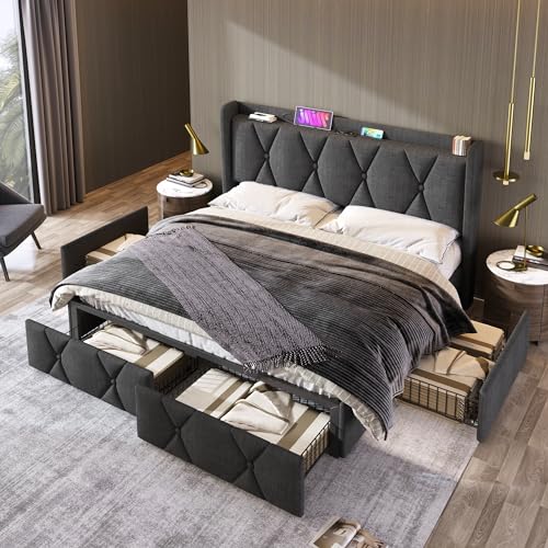 Cama de matrimonio con almacenamiento, 160 x 200 cm, con función de carga USB y cabecero, cama de una plaza y media con 4 cajones, cama contenedor con espacio y somier de láminas, estructura de cama