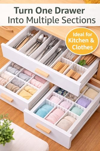 Image of 6 pcs Adjustable Drawer Divider (30 C.M. Length- 7 C.M. Width) Drawer Organizer for Kitchen, Cutlery, Clothes & Storage Drawers - Interlocking Plastic Separators for Home and Office use [ white ]