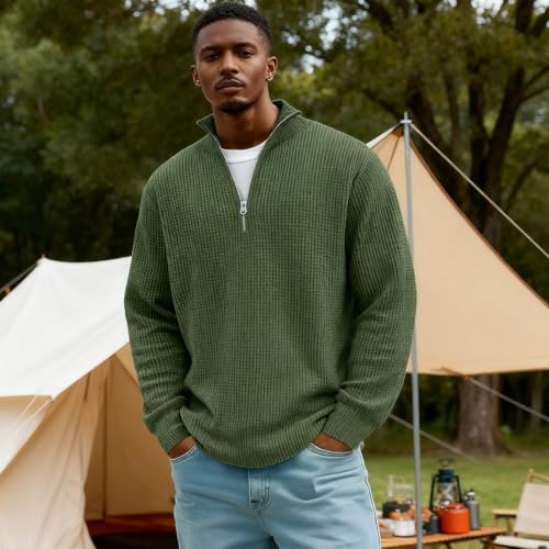 Mokaloha Mens Waffle Stand Shirts, Men's Everyday Waffle Stand Collar Zipper Casual Long Sleeve T-Shirt4