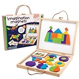MindWare Imagination Magnets Wooden Pattern Blocks Set - Imaginative Play with magentic Shapes in a Carrying case - 42 Magnetic Solid Wooden Blocks, 50 Full-Color Laminated Puzzles