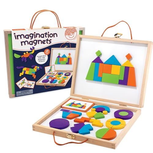 MindWare Imagination Magnets Wooden Pattern Blocks Set - Imaginative Play with magentic Shapes in a Carrying case - 42 Magnetic Solid Wooden Blocks, 50 Full-Color Laminated Puzzles