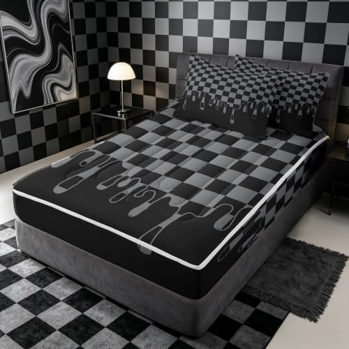 Image of Black Grey Checkered Zipper Bedding Set Full,Checkerboard Drip Bed-in-a-Bag Set Zip-Up Comforter with Fitted Sheet & Pillowcases,Cool Aesthetic Funky Modern Geometric for Kids & Teens Pet Friendly