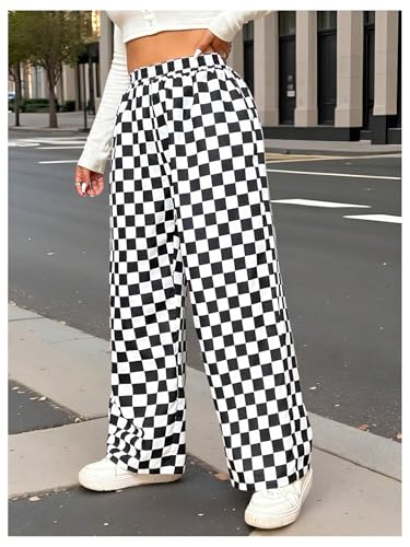 WDIRARA Women's Plus Size Checkered Baggy Pants High Waisted Wide Leg Trousers with Pockets3