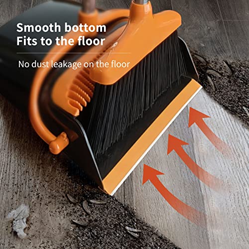 Broom And Dustpan Set With Long Handle (51" Length ) Extendable Dust Pan Combo For Cleaning Lobby Kitchen Office（Black And Orange #TOP1