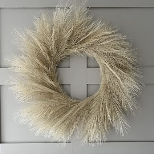 VOULUX Corona de hierba de pampa sintética grande de 27 pulgadas, color beige, moderna, bohemia, coronas de interiores, corona de granja, decoración de pared, corona de trigo de primavera, corona de
