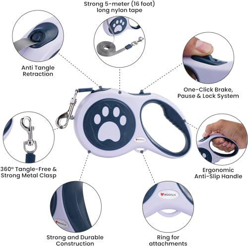Image of Retractable Dog Leash | 5M Heavy Duty Dog Leash for Small & Medium Size Dogs Upto 20 Kg| Strong Nylon Tape, Anti-Slip Handle, 360 Tangle-Free, One-Click Brake & Pause | (Upto 20 kg Dog, Blue)