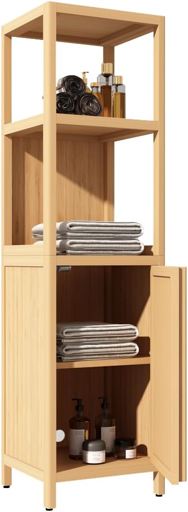 Tall Bathroom Storage, Bamboo Linen Tower Cabinet, 52 Inch Freestanding Storage Shelf with 2 Open Tiers and Door, Narrow Space-Saving Organizer for Bathroom, Bedroom, Living Room Natural