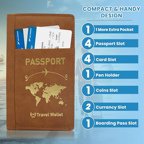 Image of Storite RFID Blocking PU Leather Passport Holder, 23x14x3 Cm Brown | Cover Case, Travel Wallet, Document Organiser, Removable Hand Strap, For Men & Women