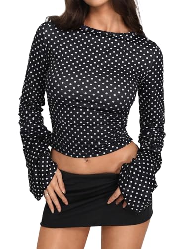 Milumia Women's Polka Dots Bell Sleeve Crop Tee Top Y2K Ruched Slim Fit Going Out T Shirt