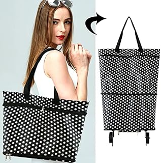 Collapsible Trolley Bags, Folding Shopping Bag with Wheels,Reusable Shopping Bags, Shopping Trolley Bag 2 Wheels 2-1 Shopping Cart for Home Supermarket,Heavy-Duty Capacity Bag (White Circle)